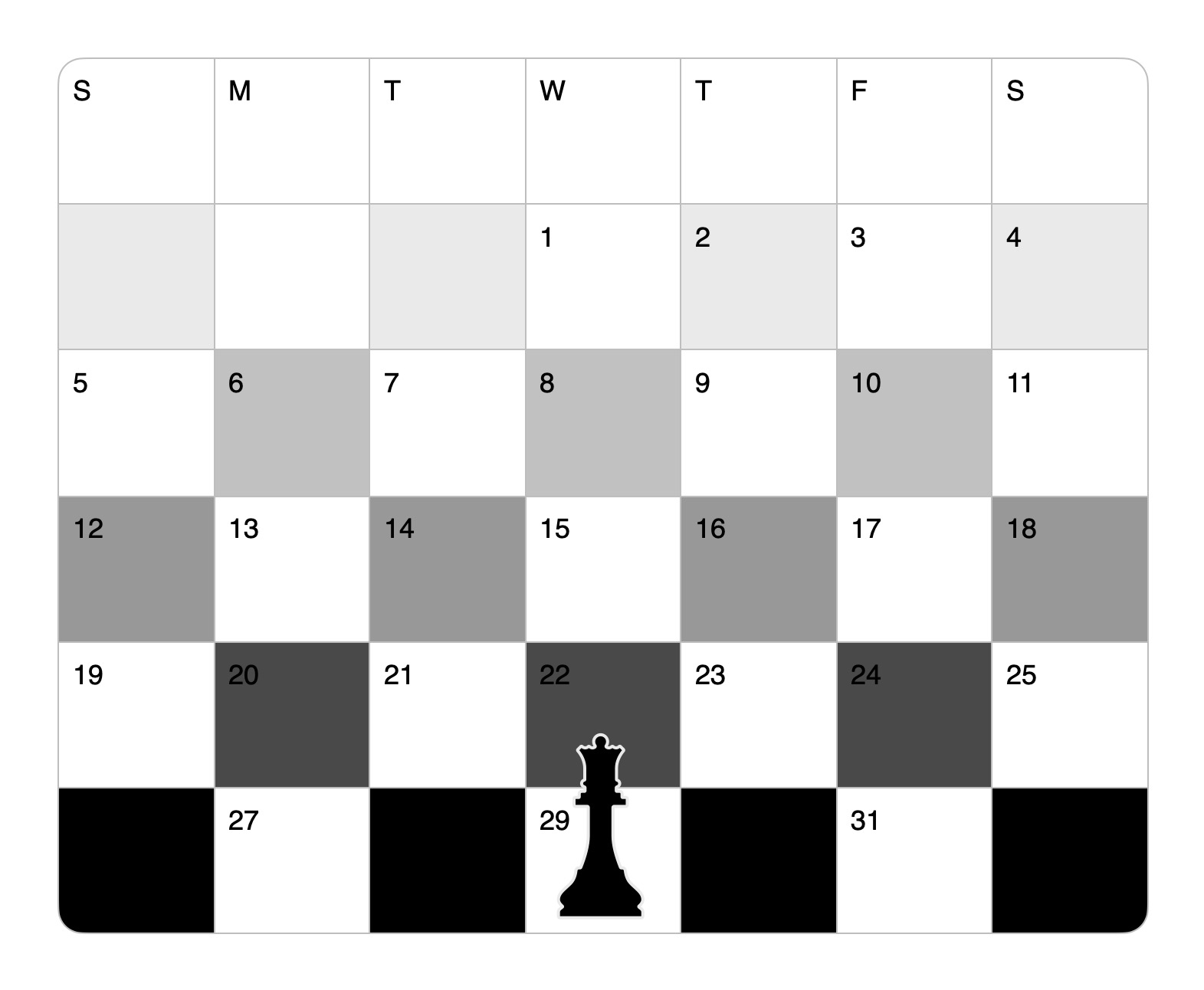 A chessboard design overlaid on a 31-day calendar starting on Wednesday with a queen piece on the fifth Wednesday.